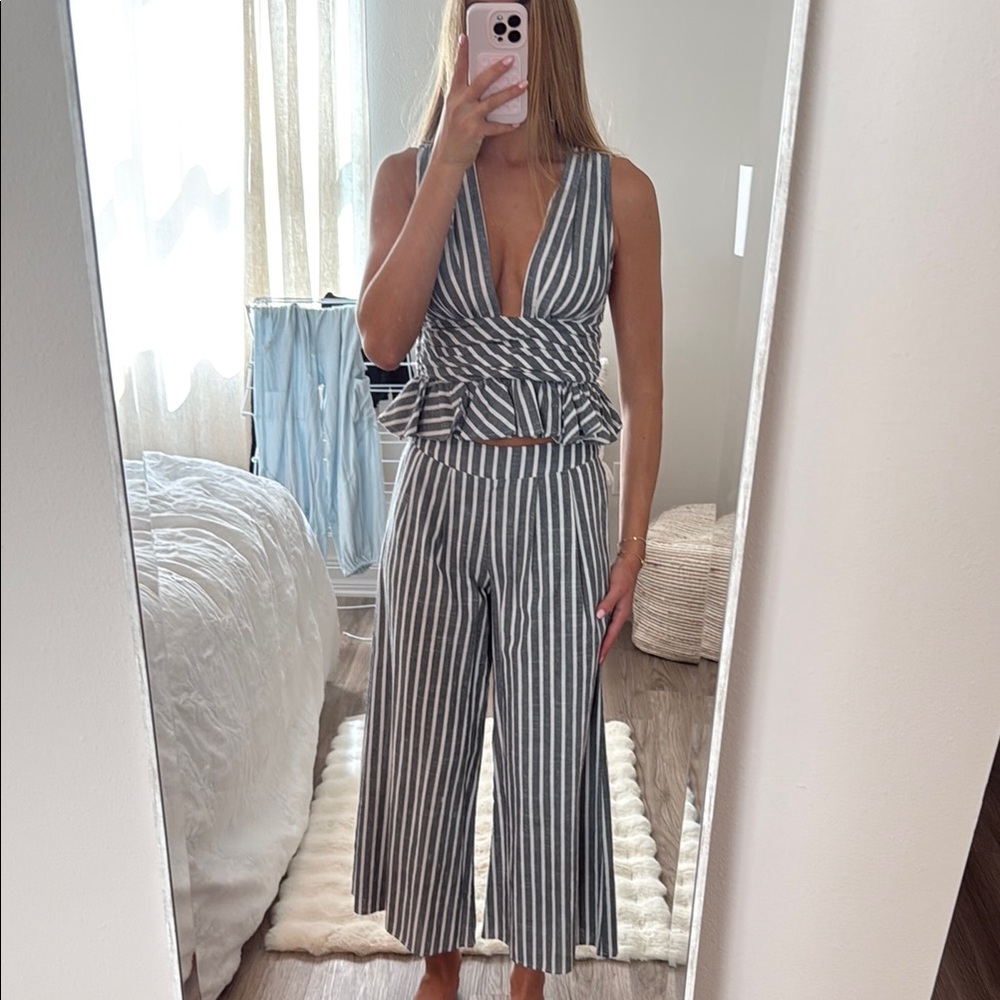 Free People Black and White Striped Jumpsuit with Tie Belt
